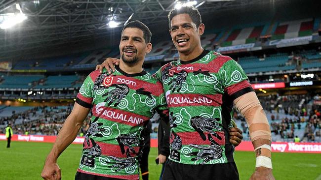 INDIGENOUS ROUND 2019: Cody Walker and Dane Gagai of the Rabbitohs embrace following their win over the Tigers in the Round 11 NRL match between the South Sydney Rabbitohs and the Wests Tigers at ANZ Stadium in Sydney, Saturday, May 25, 2019. (AAP Image/Dan Himbrechts) NO ARCHIVING, EDITORIAL USE ONLY