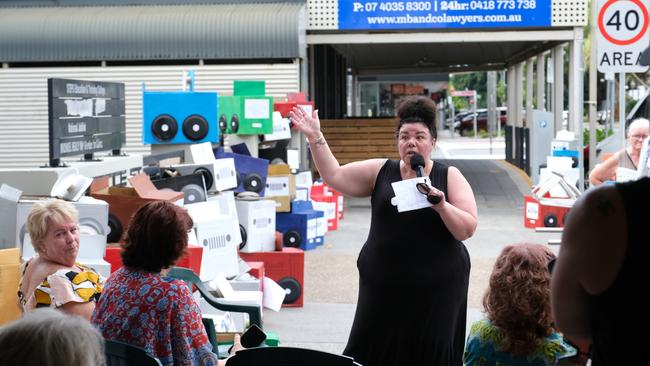 Former Child Safety executive Jo Borg speaking at a Victims of Crime Demand Change rally outside Michael Healy's office on Saturday April 2.