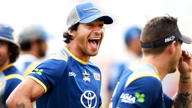 Johnathan Thurston and Ben Hampton at Cowboys training, 1300 Smiles Stadium. Picture: Alix Sweeney