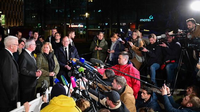 L-R: German ministers Thomas Strobl, Nancy Faeser and Mannheim mayor Christian Specht address media. Picture: Thomas Lohnes / AFP