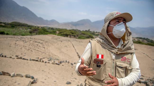 An archaeologist at the Caral archaeological complex, in Supe, Peru, where the pandemic is threatening the 5,000-year-old citadel, one of the oldest civilizations in the Americas. Picture: AFP