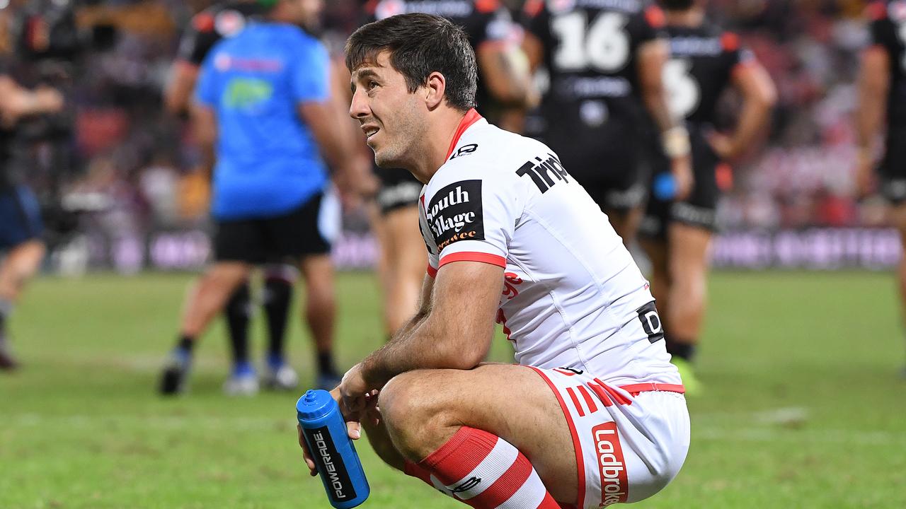 Ben Hunt of the Dragons looks on following a Warriors try resulting from Hunt's drop ball during the Round 9 clash.