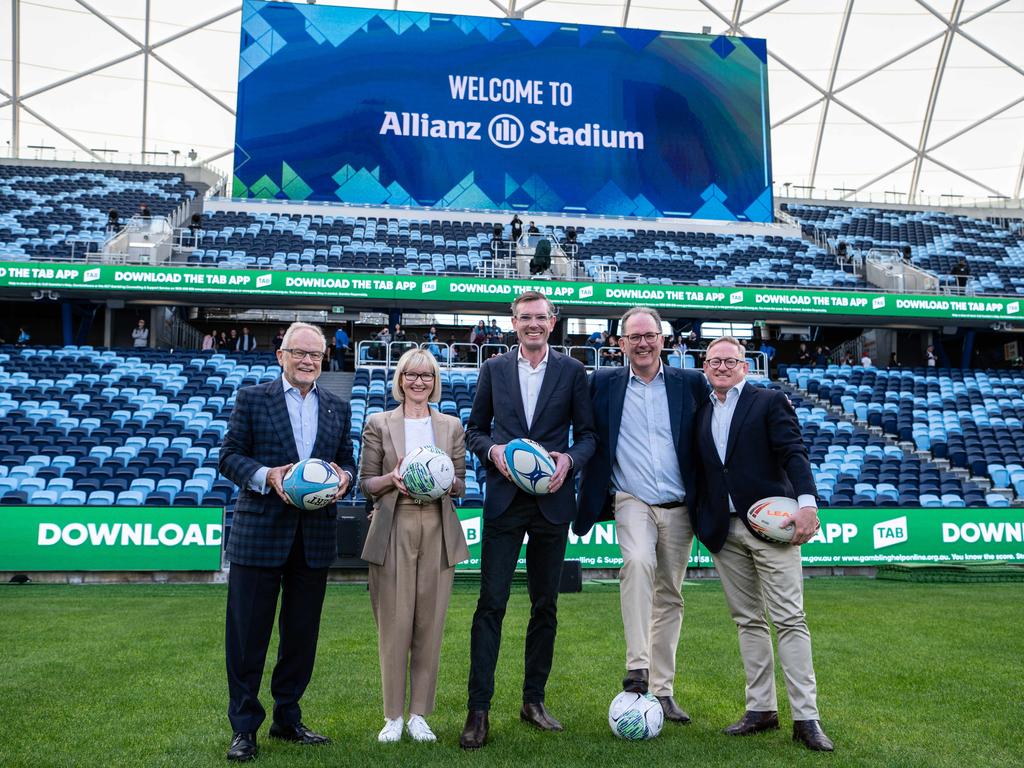 NSW Premier Dominic Perrottet, Venues NSW chief executive Kerrie Mather, NSW Sport Minister Alister Henskens, NSW Tourism Minister Ben Franklin and Venues NSW chairman Tony Shepherd at the opening of the new $800m Allianz Stadium. Picture: NCA NewsWire / Flavio Brancaleone