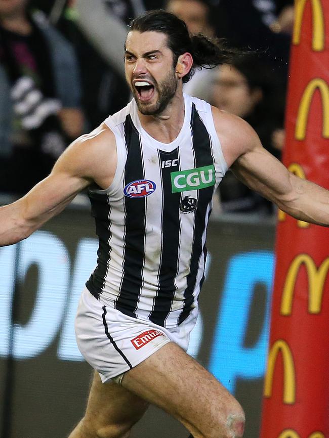 Brodie Grundy celebrates a goal. Picture: Michael Klein