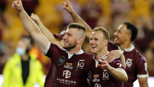 Maroons Jai Arrow and Daly Cherry-Evans pictured after winning game three of State of Origin at Suncorp Stadium, Brisbane 18th of November 2020. (Image/Josh Woning)