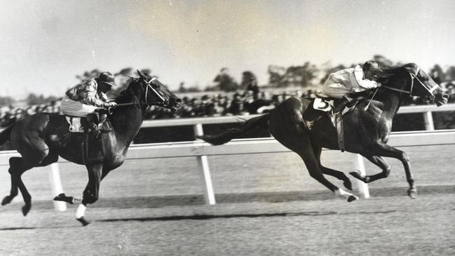 Champion racehorse and Medmenham’s son, Ajax, winning the 1939 St George Stakes at Caulfield. Racehorse. Racing.