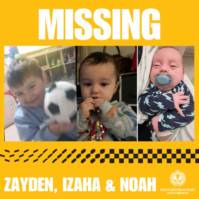 The three boys, from Black Forest, are Zayden who is almost three-years-old, Izaha aged 16 months and Noah aged three months. Picture: SA Police