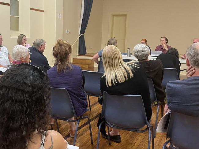 Residents gather at the Old Noarlunga institute hall to oppose TheGunnery’s plans to build a long-range rifle range in the area. Picture:Kaysee Miller