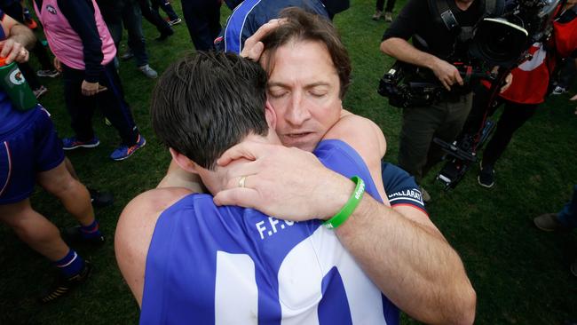 Easton Wood and Luke Beveridge hug after the game. Picture: Getty Images