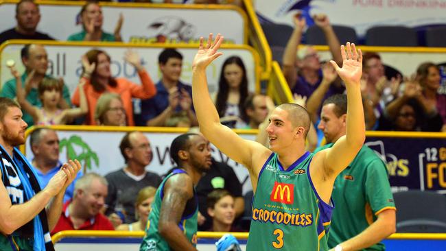 NBL game between the Townsville Crocodiles and the Wollongong Hawks at The Townsville Entertainment Centre, Townsville, Queensland. Townsville Crocodiles Mirko Djeric celebrates the win. Pictures: Wesley Monts