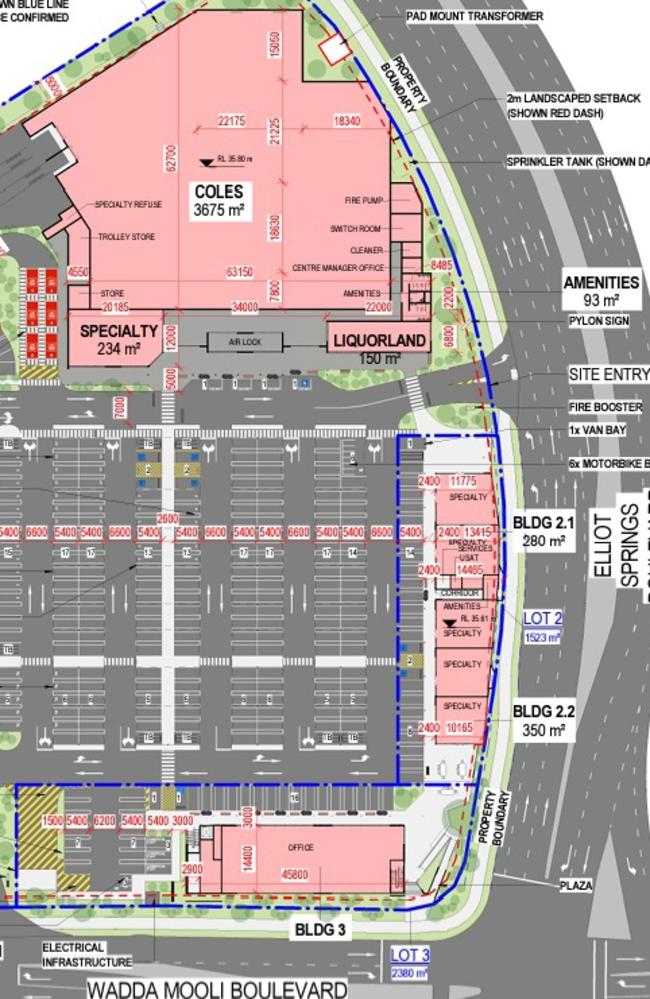 Plan for the proposed Coles Supermarket Development in Julago as part of the Elliot Springs – Precinct 1. Picture: Thomson Adsett.