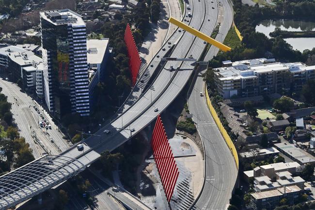 Aerial pictures of empty roads in Melbourne as strict stage 4 lockdowns are enforced. The Tullamarine Freeway at Parkville.. Aaron Francis/The Australian