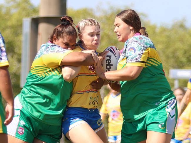 Fitzroy/Gracemere teammates Samartha Leisha (left) and Kyra Simon will join forces in the Rocky Rustlers team for this weekend's 47th Battalion Carnival. Photo: Leeann Booth
