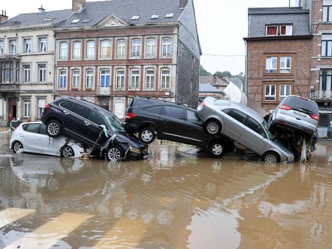 A multi-car pile-up in the Belgian city of Verviers, after heavy rains and floods lashed western Europe. Picture: AFP