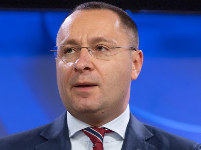 CANBERRA, AUSTRALIA - NewsWire Photos FEBRUARY 24, 2023: An emotional Ambassador of Ukraine to Australia & New Zealand, H.E. Vasyl Myroshnychenko, during his address to the National Press Club of Australia, in Canberra.Picture: NCA NewsWire / Gary Ramage