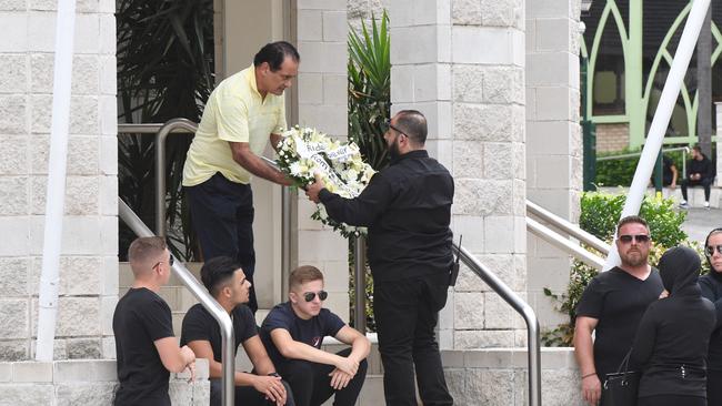 A wreath is delivered to the mosque ahead of the funeral. Picture: AAP