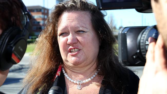 PERTH, AUSTRALIA - JUNE 09: Gina Rinehart, chairman of Hancock Prospecting joins protesters as they rally against the government's proposed mining tax outside the Hyatt Regency Hotel where Prime Minister Kevin Rudd is to address the Perth Press Club on June 9, 2010 in Perth, Australia. Rudd is in Western Australia to campaign for his proposed 40% resources super profits tax amid falling approval ratings in recent polls and strong opposition from the mining industry. (Photo by Paul Kane/Getty Images)