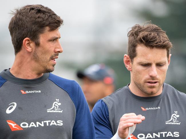 The Qantas Wallabies train at Kubota Rugby, Tokyo, ahead of the third Bledisloe Cup Test Match at Nissan Stadium, Yokohama. Jake Gordon and Bernard Foley. Photo: Stuart Walmsley/Rugby AU Media