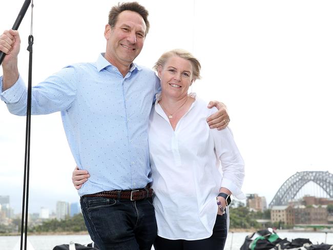 Scott and Amanda Riedel, who lost their son Harrison to suicide, on board the Comanche super maxi. Picture: Tim Hunter.