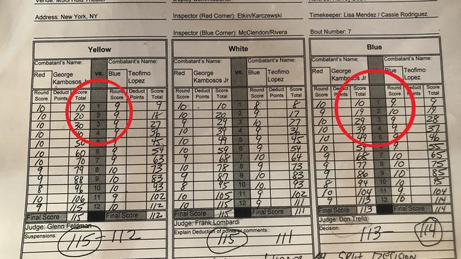 The official scorecard for the Kambosos-Lopez fight. Photo: Twitter, Dan Rafael.