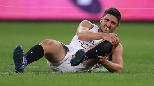 Carlton ruckman Marc Pittonet faces up to three months on the sidelines with a left knee injury. Picture: Getty Images