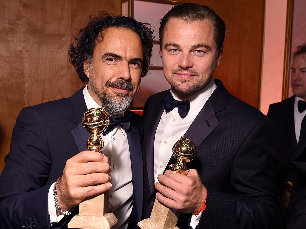 Alejandro Gonzalez Inarritu and Leonardo DiCaprio at the Fox Golden Globes after party. Picture: Splash News Australia