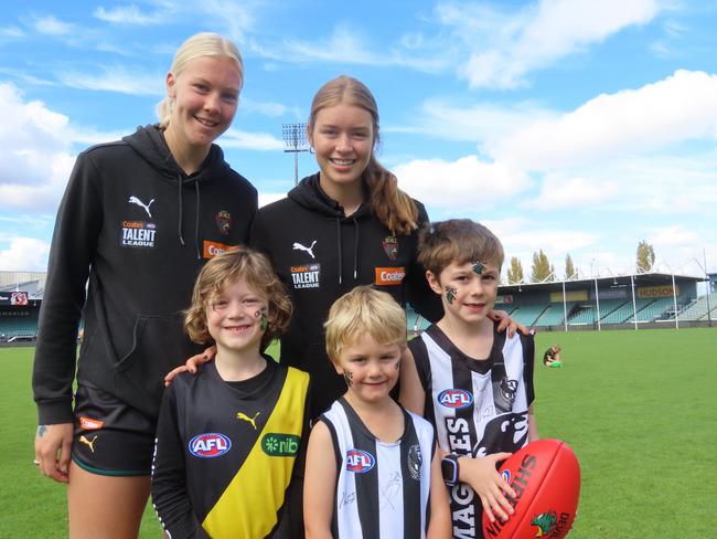 Archie Steers, Louis Whitmore and Oliver Whitmore with Devils Coates Talent League players Ella and Lily Nast. Picture: Jon Tuxworth