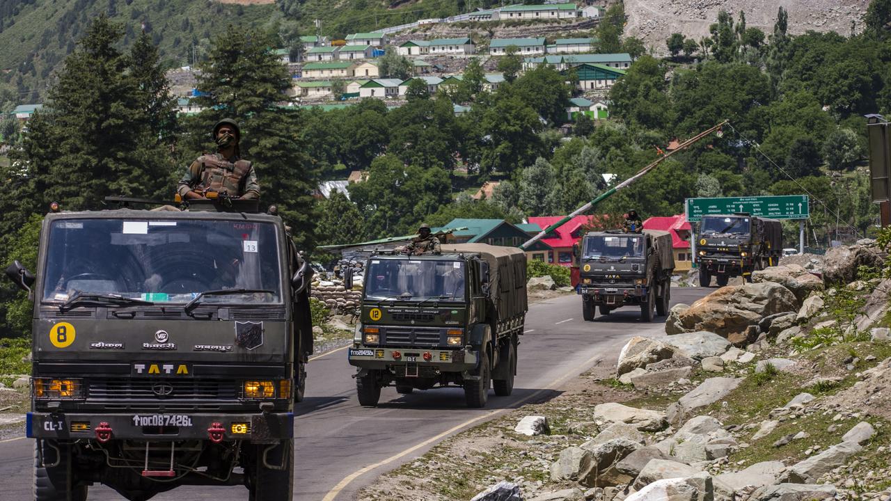 An Indian army convoy drives towards Leh, on a highway bordering China, on June 19, 2020 in Gagangir, India. Picture: Yawar Nazir/Getty Images.