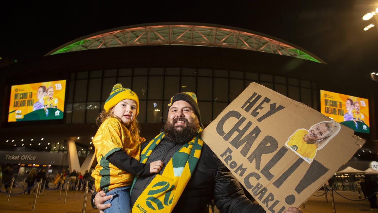 Pete Beveridge and daughter Charli 7 at the Matildas game Picture: Brett Hartwig