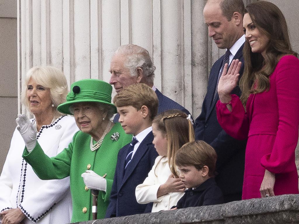 Royal family stand united: (from left) Camilla, Duchess of Cornwall, Prince Charles, Queen Elizabeth II, Prince George of Cambridge, Prince William, Princess Charlotte, Catherine, Duchess of Cambridge and Prince Louis. Picture: Getty Images