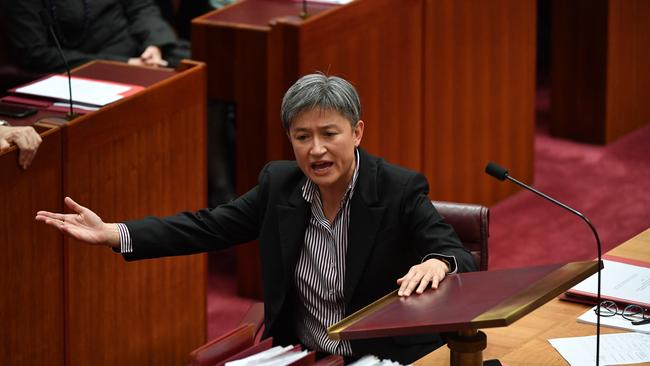 Penny Wong reacts in the Senate. Picture: AAP