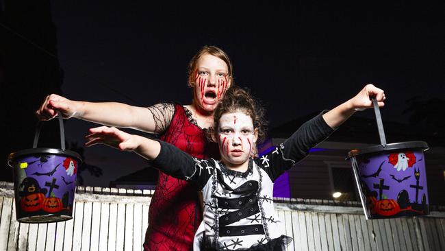 Vadah (back) and Jayde Pearson on Halloween, Thursday, October 31, 2024. Picture: Kevin Farmer