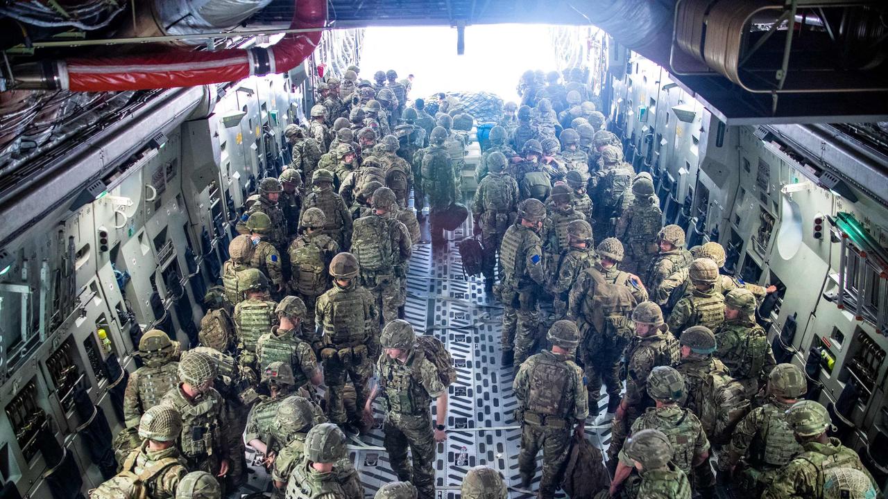 Members of the British Army, from 16 Air Assault Brigade, as they disembark from an RAF Voyager aircraft after landing in Kabul. Picture: AFP