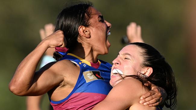 IPSWICH, AUSTRALIA - SEPTEMBER 29: Courtney Hodder and Tahlia Hickie of the Lions celebrate victory during the round five AFLW match between Brisbane Lions and Adelaide Crows at Brighton Homes Arena, on September 29, 2024, in Brisbane, Australia. (Photo by Bradley Kanaris/Getty Images)