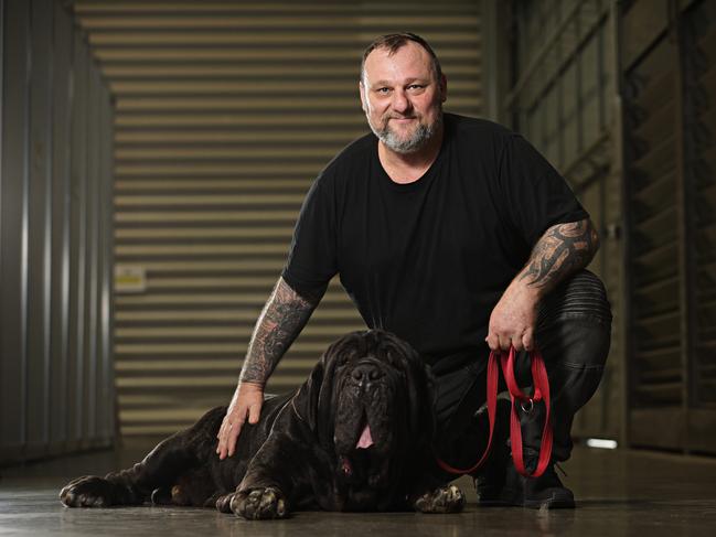 Mitch Groth with his dog Judson (2.5) a Neapolitan Mastiff at the Sydney Dog Lovers and Cat Lovers Festival held in Sydney Showgrounds at Sydney Olympic Park. Picture: Adam Yip