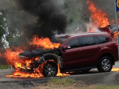 2015 Ford Everest catches fire while being road tested by CarsGuide journalist Peter Barnwell. Picture: Supplied