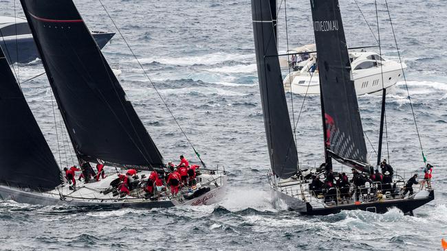 LDV Comanche, right, and Wild Oats XI narrowly miss each at the start of the  Sydney to Hobart yacht race.  Picture: AAP