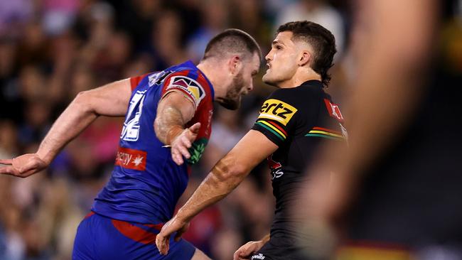 Lachlan Fitzgibbon was lucky not to be penalised for his late hit on Nathan Cleary which would gifted the Panthers two points from in front. Picture; Brendon Thorne/Getty Images