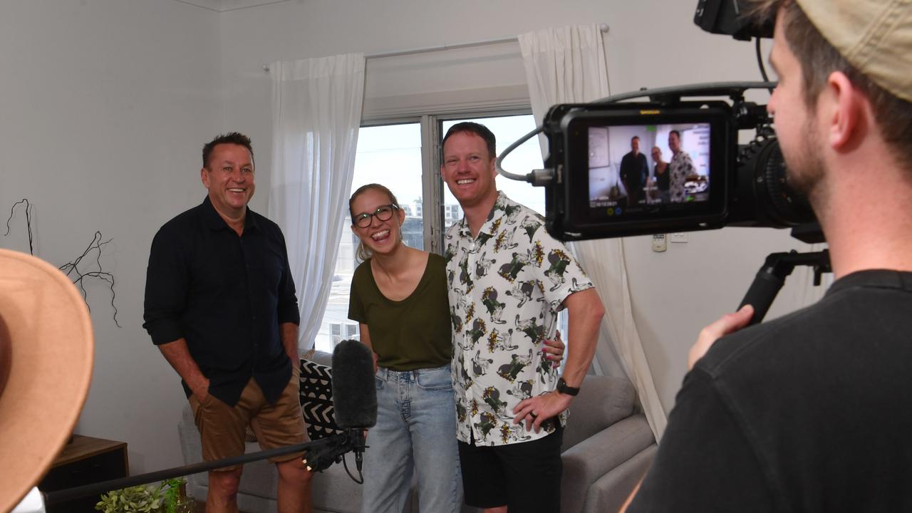 Real estate agent Martin McDonough from McDonough Property Townsville with Mollie and Steven Townley at a home in Townsville's CBD. Picture: Evan Morgan