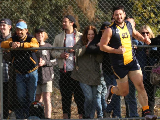 NFL (Division 2 footy): Hurstbridge v Fitzroy Stars at Ben Frilay Oval. Brendan Fevola celebrating a goal. Picture: Brendan Francis