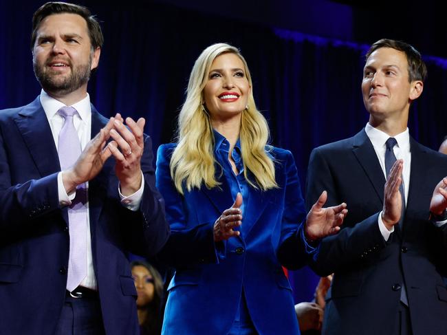 WEST PALM BEACH, FLORIDA - NOVEMBER 06: (L-R) Republican vice presidential nominee, U.S. Sen. J.D. Vance (R-OH), Ivanka Trump and Jared Kushner arrive as Republican presidential nominee, former U.S. President Donald Trump speaks during an election night event at the Palm Beach Convention Center on November 06, 2024 in West Palm Beach, Florida. Americans cast their ballots today in the presidential race between Republican nominee former President Donald Trump and Vice President Kamala Harris, as well as multiple state elections that will determine the balance of power in Congress.   Chip Somodevilla/Getty Images/AFP (Photo by CHIP SOMODEVILLA / GETTY IMAGES NORTH AMERICA / Getty Images via AFP)