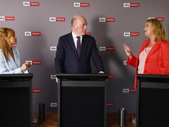 The trio do battle during the North Sydney debate. Picture: Richard Dobson