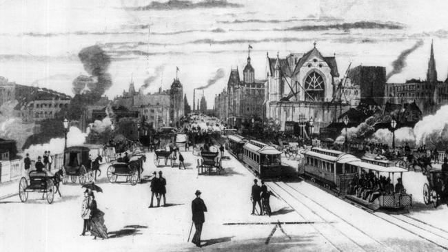 Melbourne booming in 1888. Princes Bridge showing cable trams and St Paul's Cathedral before it had its spires. Picture: The Argus