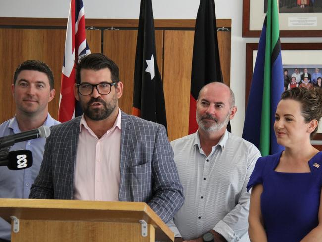 Braitling MLA Josh Burgoyne, Alice Springs Town Council Mayor Matt Paterson, Namatijra MLA BIll Yan, and Chief Minister Lia Finocchiaro. Picture: Gera Kazakov