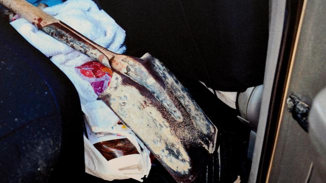 A bloodstained shovel recovered from the man’s four-wheel drive following his arrest for the Salt Creek backpacker kidnappings. Source: Supreme Court.