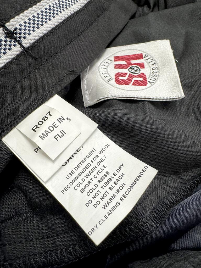 Label with Made in Fiji visible on a pair of Tasmania Police uniform trousers which were previously made at The Sewing Room at Island Seamtress in Hobart before the contract was ended. Picture: Nikki Davis-Jones