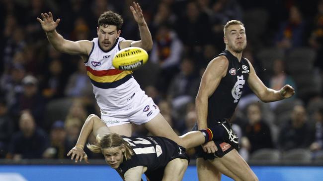 Mitch McGovern of the Crows flies for a mark in the massive win against Carlton on Saturday night. Picture AAP Image/Daniel Pockett