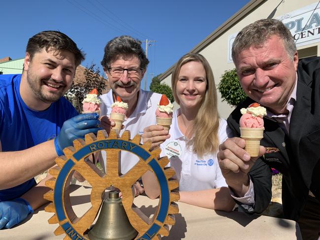 (from left) Danny Ungermann from Ungermann Brothers, Dr Bob McGregor and Katharina von Heusinger from Rotary Ipswich City, and Ipswich Show president Darren Zanow enjoy the new Ipswich Show Sundae.