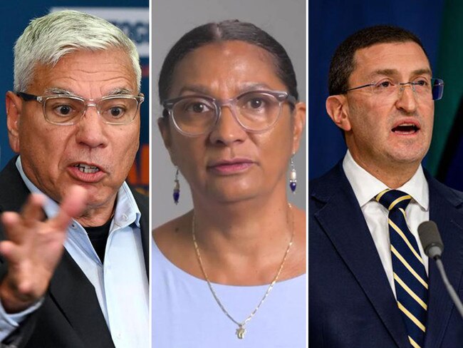 Warren Mundine, left, Nova Peris, centre, and Julian Leeser have all spoken put agaisnt the use of the Aboriginal flag in anti-Israel protests. Pictures: News Corp/Supplied