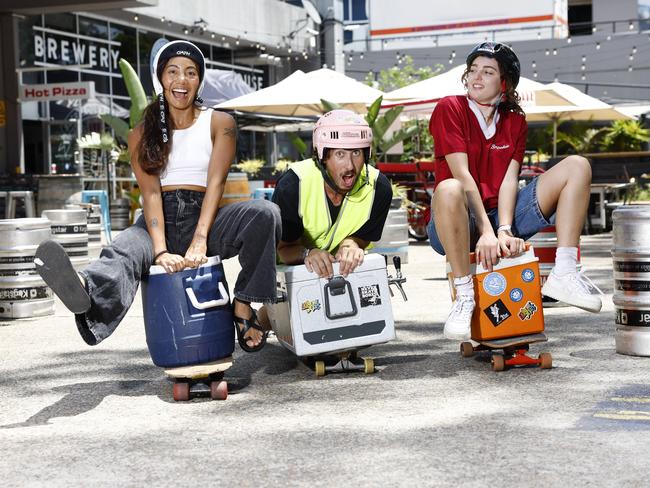 DAILY TELEGRAPH 4TH FEBRUARY 2025Pictured racing on eskyÃs at 7th Day Brewing at Brookvale in Sydney are Mazzy Fernandez , Joel Ridzuan and Cam Colvin ahead of this weekends Brookie Fest.Picture: Richard Dobson